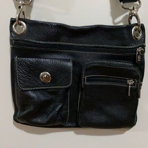 Black leather Roots crossbody bag.